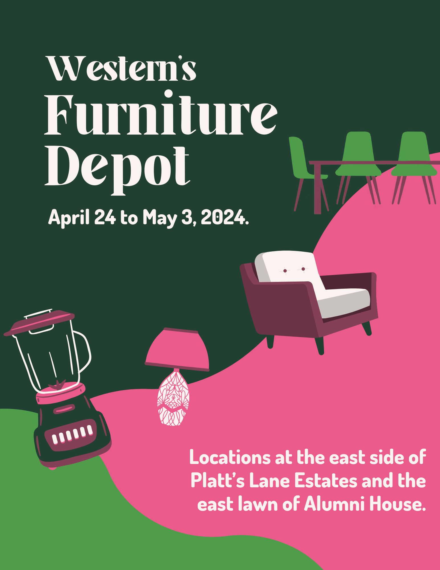 Furniture Depot April 24 to May 3, 2024. Locations on the east end of Platt's Lane and the east lawn of Alumni House